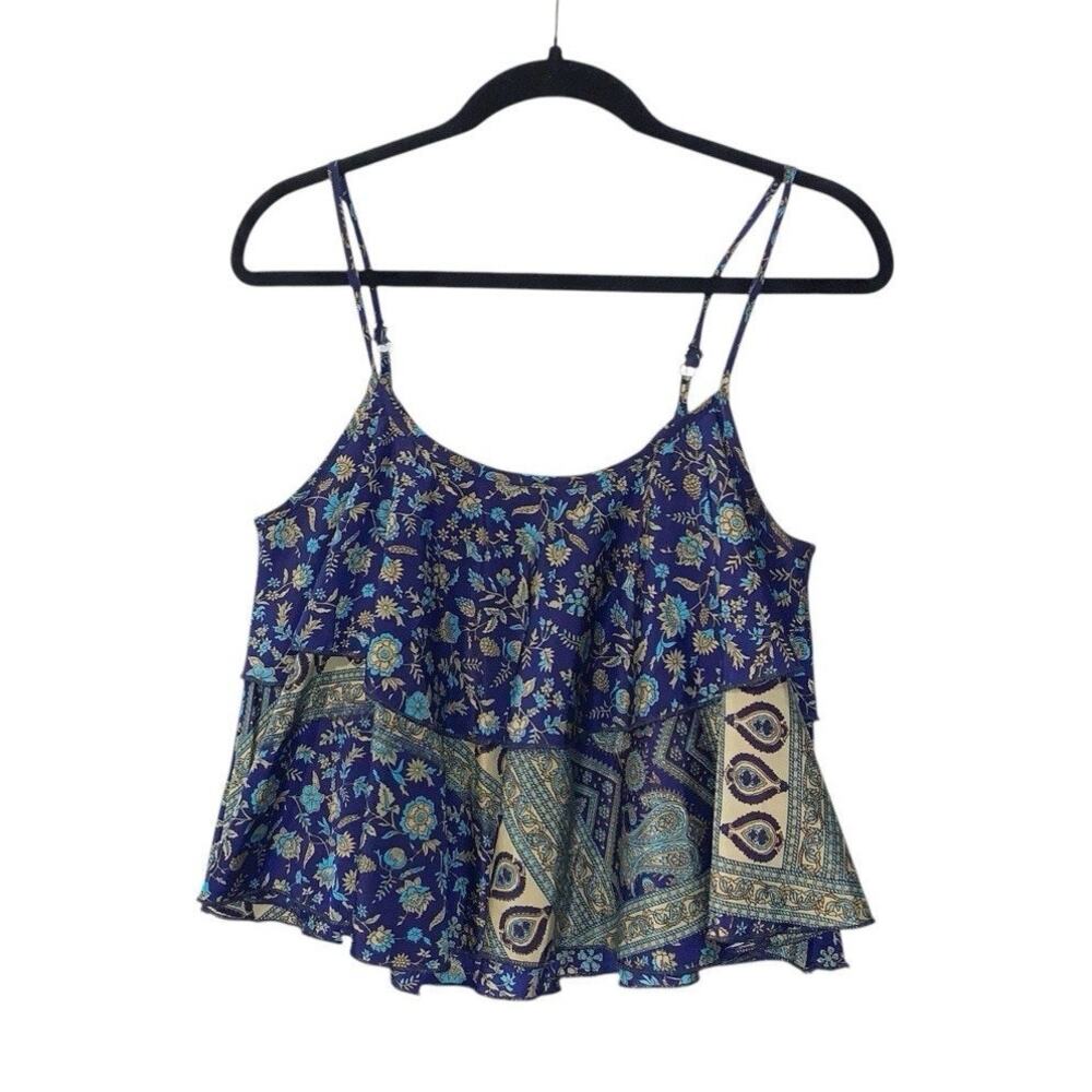 RAGA Anthropologie women's size S Blue Floral Print Spaghetti Strap Rayon Top - Picture 1 of 8